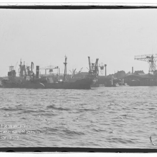 Frachtschiffe und Kräne in einem Industriehafen, Wellengang im Vordergrund, Wasserzeichen 