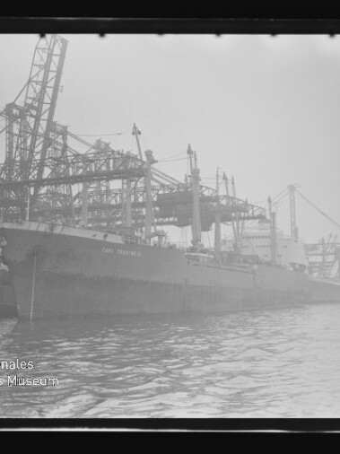Frachtschiff am Industriehafen bei Nebel, von großen Ladekränen gesäumt; Wasserzeichen: Internationales Maritimes Museum Hamburg