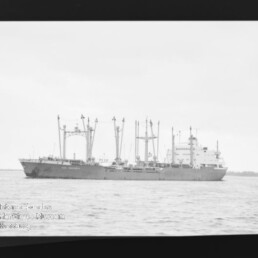 Frachtschiff mit mehreren Ladekränen und Masten auf ruhiger See, Seitenansicht vor flachem, flachem Horizont