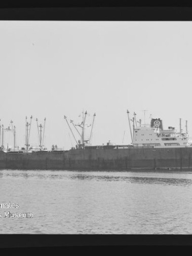 Großes Frachtschiff in Seitenansicht mit mehreren Ladekränen auf ruhiger See; Museumslogo unten links.