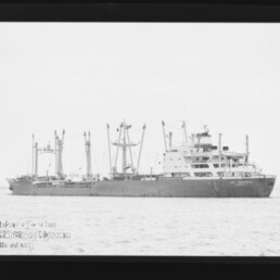 Frachtschiff mit mehreren Ladekränen und Aufbauten in ruhiger See, schwarzweißes Foto mit Museumslogo unten links.