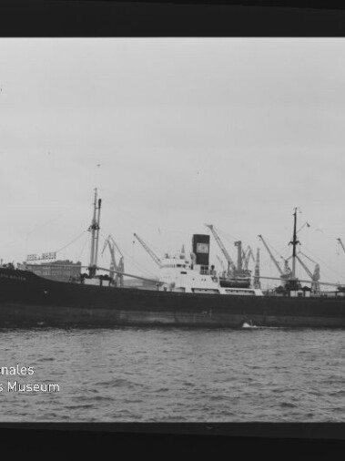Schwarzweiß-Seitenansicht eines Frachtschiffs im Hafen vor zahlreichen Ladekränen, Museumslogo unten links.
