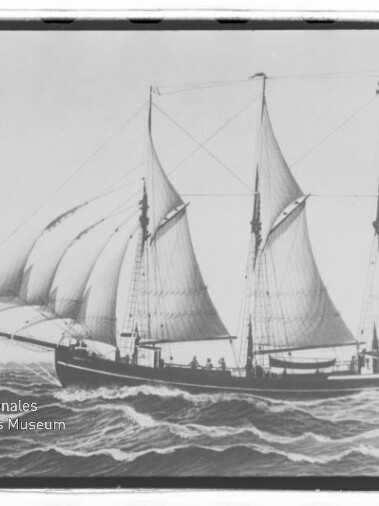 Schwarz-weiße Zeichnung eines dreimastigen Segelschiffs mit vollen Segeln, das über bewegte See fährt.