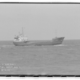 Schwarzweißaufnahme eines Frachtschiffs in Seitenansicht auf offenem Meer, mit Museumswasserzeichen unten links.