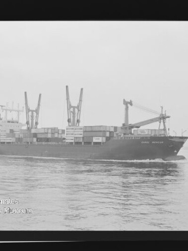 Containerschiff mit Containern und Ladekränen fährt auf ruhiger See; schwarzweiß-Foto mit Museumswasserzeichen.