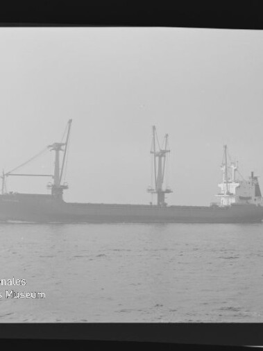 Frachtschiff mit drei Ladekränen als Nebelsilhouette auf ruhiger See, Filmrahmenrand sichtbar.