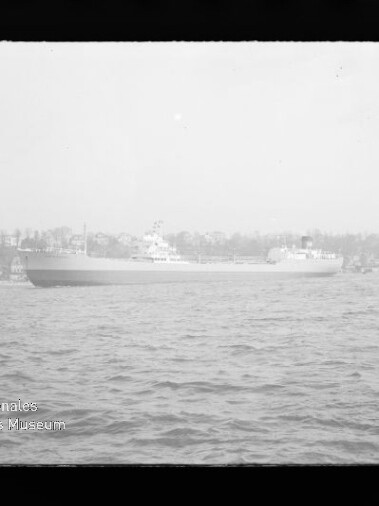 Großes Frachtschiff auf dem Wasser vor Ufer mit Häusern und großem Silo; Museumslogo links unten