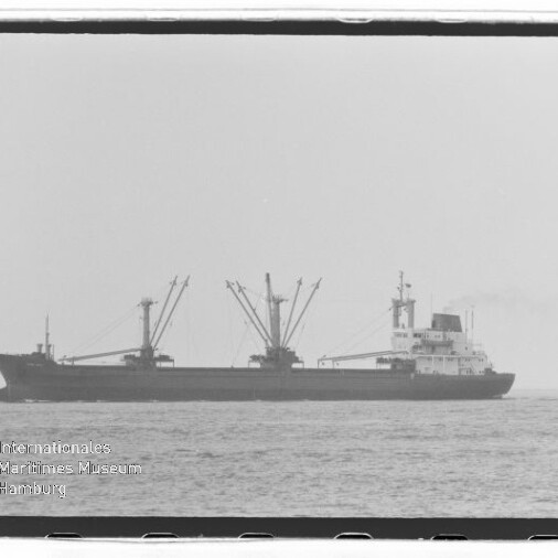 Frachtschiff in Seitansicht mit mehreren Ladekränen auf ruhiger See, Wasserzeichen des Internationalen Maritimen Museums Hamburg