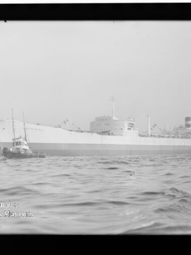 Großes Frachtschiff mit mehreren Schleppern im Hafen, Wellen im Vordergrund; Wasserzeichen 