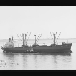 Frachtschiff mit mehreren Ladekränen und einem Schlepper an der Seite auf ruhigem Wasser, schwarzweiß, Museumswasserzeichen links unten.