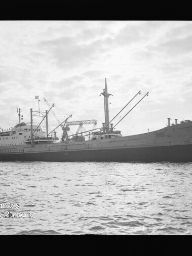 Frachtschiff seitlich im Hafen mit Bordkränen, Hafenkranen im Hintergrund und ruhiger Wasseroberfläche