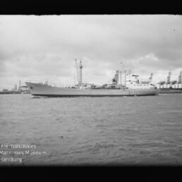 Frachtschiff mit Ladekränen vor Hafenkulisse, ruhige See in Schwarzweiß; unten links Logo 