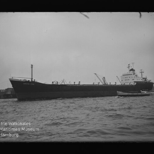 Großes Frachtschiff in Seitenansicht im Hafen, begleitet von einem kleinen Schlepper, ruhiges Wasser im Vordergrund.
