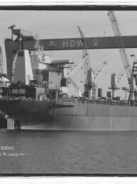 Großes Frachtschiff am Werftkai vor mehreren Hafenkränen und einem Portalkran mit HDW‑Schriftzug, Wasser im Vordergrund.