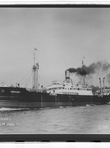Dampfschiff mit rauchendem Schornstein fährt nahe Küste; links unten Wasserzeichen Internationales Maritimes Museum Hamburg.