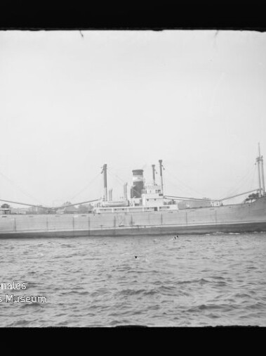 Seitliche Ansicht eines historischen Frachtschiffs mit Schornstein und Ladebäumen auf ruhigem Wasser, Museumslogo unten links.