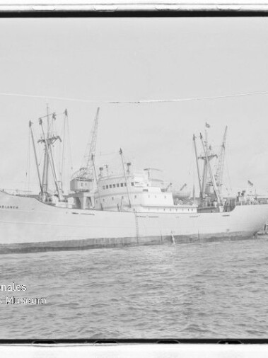 Großes Frachtschiff mit Ladekränen liegt am Kai eines Industriehafens neben ruhiger Wasserfläche.