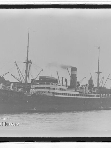 Großes Dampfschiff mit Schornstein, Masten und Ladekränen vor Hafenbauten; Wasserzeichen Internationales Maritimes Museum Hamburg.