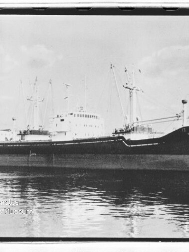 Dunkles Frachtschiff mit Aufbauten, Masten und Ladekränen liegt spiegelglatt im Hafen, leichte Wasserspiegelung.