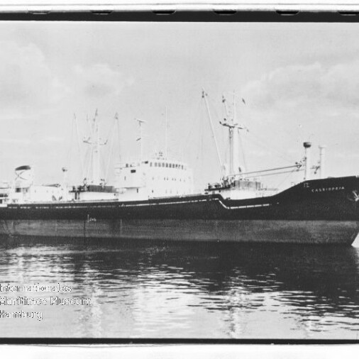 Dunkles Frachtschiff mit Aufbauten, Masten und Ladekränen liegt spiegelglatt im Hafen, leichte Wasserspiegelung.