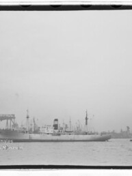 Großes Frachtschiff im Hafen mit Schlepper daneben und Hafenkränen, Wasserzeichen Museum Hamburg