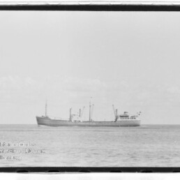 Schwarzweißfoto eines Frachtschiffs auf ruhiger See, Schiff mittig am Horizont, Museumswasserzeichen unten links.
