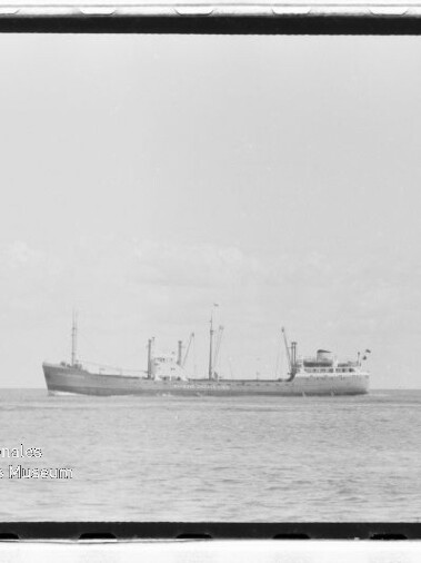 Schwarzweißfoto eines Frachtschiffs auf ruhiger See, Schiff mittig am Horizont, Museumswasserzeichen unten links.