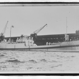 Frachtschiff am Kai unter zwei großen Kränen, seitliche Ansicht vom Wasser mit ruhiger See