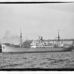 Seitliche Ansicht eines großen Dampffrachters mit Schornstein und Masten vor Industriehafen; Schriftzug des Internationalen Maritimen Museums Hamburg unten links.