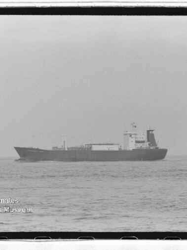Aufnahme eines Frachtschiffs auf ruhiger See in Schwarzweiß, mit Wasserzeichen Internationales Maritimes Museum Hamburg