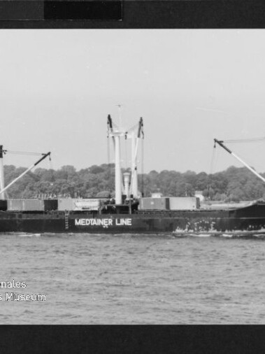 Frachtschiff mit Ladekränen und Containern, Schriftzug MEDTAINER LINE, fährt vor bewaldeter Küste.
