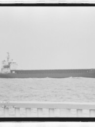 Schwarzweißaufnahme eines langen Frachtschiffs auf ruhiger See mit Aufbauten achtern, Geländer im Vordergrund und Museumsstempel links unten.