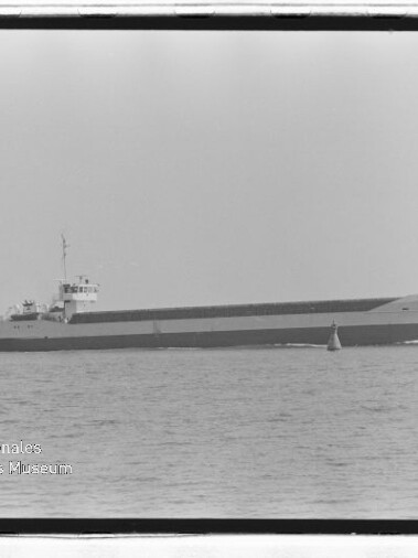 Langes, flaches Frachtschiff mit kleinem Aufbau fährt ruhig auf offener See, neben dem Bug eine Boje.