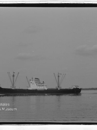 Frachtschiff mit mehreren Ladekränen auf ruhigem Wasser, Horizontlinie und zwei Personen am Ufer rechts unten.