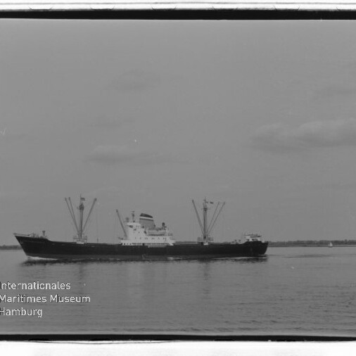Frachtschiff mit mehreren Ladekränen auf ruhigem Wasser, Horizontlinie und zwei Personen am Ufer rechts unten.