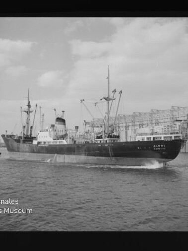 Frachtschiff mit Ladekranen vor Industriehafen, Museumswasserzeichen links unten.