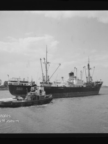 Schlepper neben großem Frachtschiff in Schwarzweißaufnahme, Wasserzeichen Internationales Maritimes Museum Hamburg