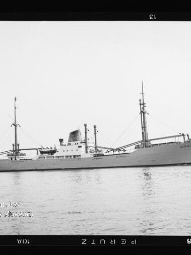 Frachtschiff mit zwei Masten, mittigem Schornstein und Ladekränen auf ruhiger See, schwarzweiß fotografiert.