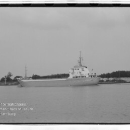 Graustufiges Foto eines Frachtschiffs nahe flacher Küste mit Wasserzeichen Internationales Maritimes Museum Hamburg.