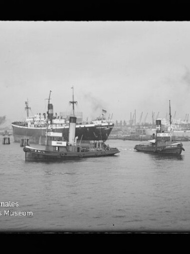 Zwei Schlepper im Vordergrund, großes Passagierschiff im Hafen mit Hafenkränen im Hintergrund; Wasserzeichen Internationales Maritimes Museum Hamburg.