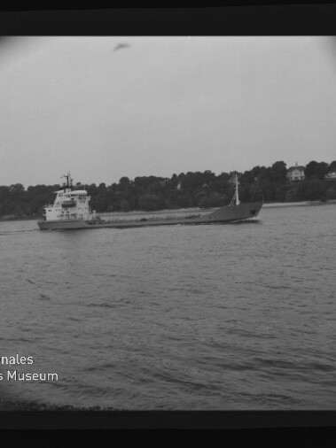 Schwarzweiß-Aufnahme eines Frachtschiffs auf ruhiger See vor bewaldetem Ufer, mit Filmrand und Museumswasserzeichen.
