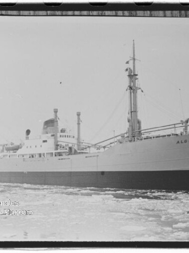 Frachtschiff Algol in teilweise vereistem Wasser, Seitenansicht mit hohen Masten, Brückenaufbau und gut lesbarem Schiffsname.