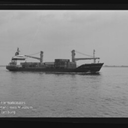 Containerschiff mit zwei Ladekränen und gestapelten Containern fährt bei ruhigem Meer.