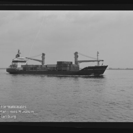 Containerschiff mit zwei Ladekränen und gestapelten Containern fährt bei ruhigem Meer.