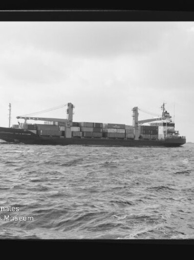 Containerschiff mit aufgestapelten Containern und zwei Ladekränen auf rauer See unter bewölktem Himmel.