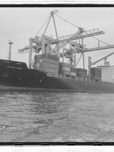 Großes Containerschiff liegt am Kai, mit gestapelten Containern und mehreren Hafenkränen beim Be- oder Entladen.