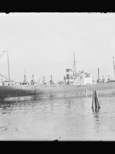 Großes Frachtschiff mit Festtagsflaggen im Hafen, ruhiges Wasser und Dalben im Vordergrund, Wasserzeichen Internationales Maritimes Museum Hamburg.