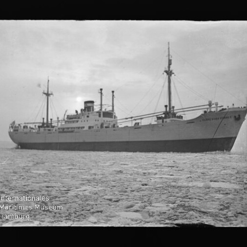 Frachtschiff mit Schornstein und Ladebäumen in eisbedecktem Meer; unten links Schriftzug 'Internationales Maritimes Museum'.