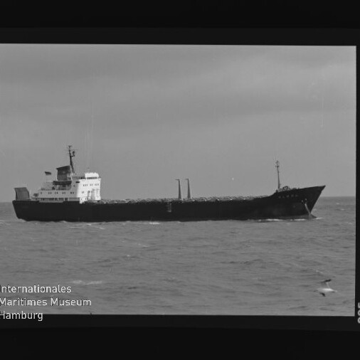 Schwarzweiß-Foto eines Frachtschiffs auf ruhiger See mit Möwe im Vordergrund und Schriftzug Internationales Maritimes Museum Hamburg