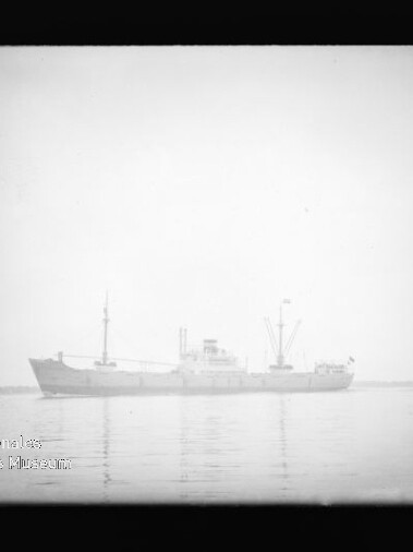 Frachtschiff auf ruhigem Meer, neblige Silhouette mit Spiegelung und sichtbarem Wasserzeichen des Maritimen Museums.